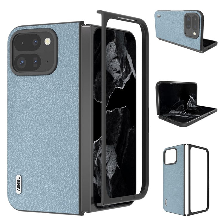 ABEEL For Google Pixel 9 Pro Fold 5G Phone Case Litchi Texture Genuine Cow Leather Hard PC Cover - Baby Blue