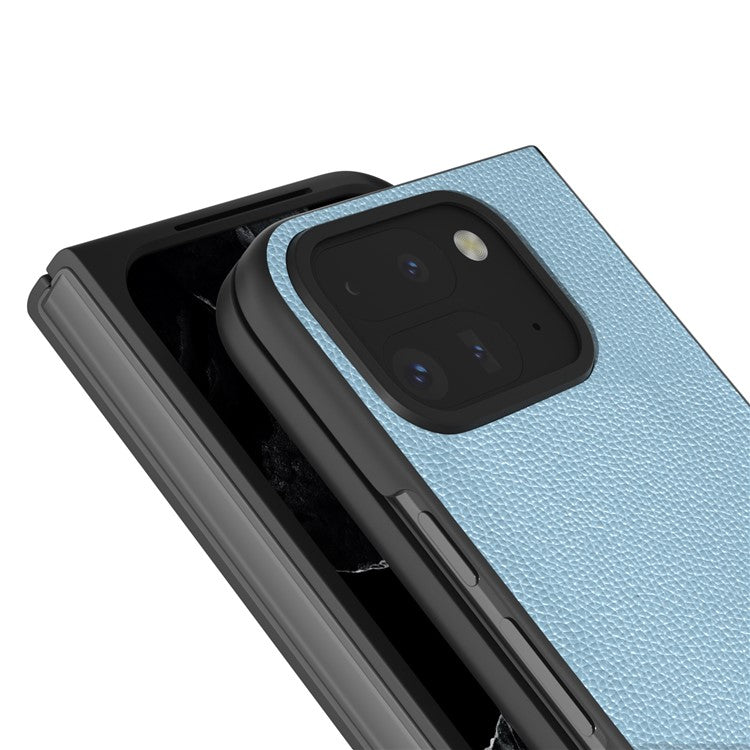ABEEL For Google Pixel 9 Pro Fold 5G Phone Case Litchi Texture Genuine Cow Leather Hard PC Cover - Baby Blue