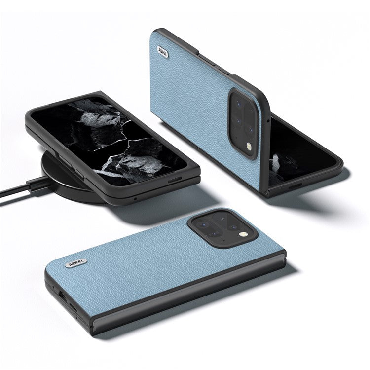 ABEEL For Google Pixel 9 Pro Fold 5G Phone Case Litchi Texture Genuine Cow Leather Hard PC Cover - Baby Blue