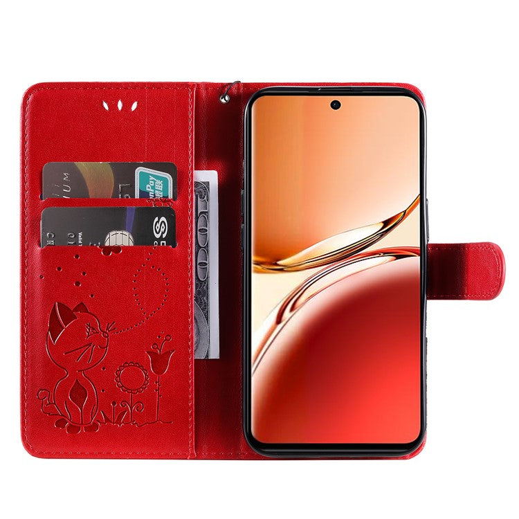 KT Imprinting Flower Series-4 For Oppo Reno12 F 4G Case Leather Wallet Stand Phone Cover Cat Bee Pattern - Red