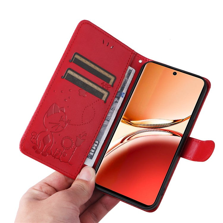KT Imprinting Flower Series-4 For Oppo Reno12 F 4G Case Leather Wallet Stand Phone Cover Cat Bee Pattern - Red