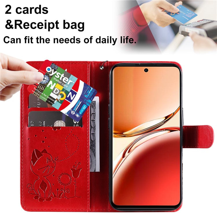 KT Imprinting Flower Series-4 For Oppo Reno12 F 4G Case Leather Wallet Stand Phone Cover Cat Bee Pattern - Red