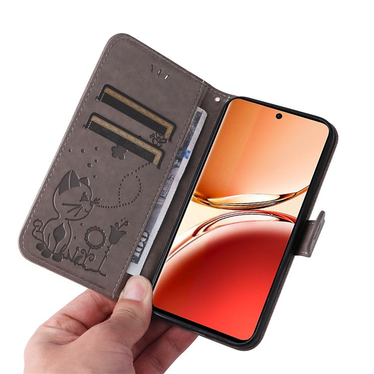 KT Imprinting Flower Series-4 For Oppo Reno12 F 4G Case Leather Wallet Stand Phone Cover Cat Bee Pattern - Grey