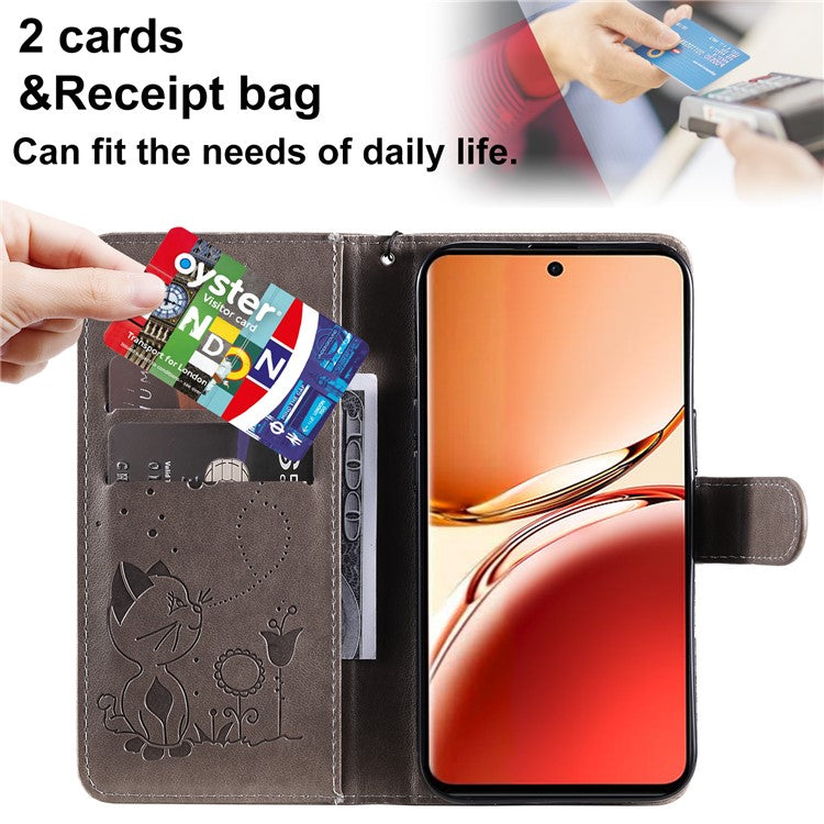 KT Imprinting Flower Series-4 For Oppo Reno12 F 4G Case Leather Wallet Stand Phone Cover Cat Bee Pattern - Grey