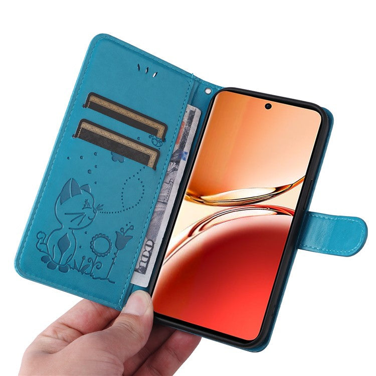 KT Imprinting Flower Series-4 For Oppo Reno12 F 4G Case Leather Wallet Stand Phone Cover Cat Bee Pattern - Blue