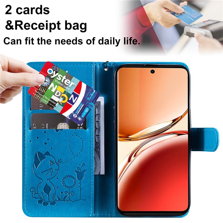 KT Imprinting Flower Series-4 For Oppo Reno12 F 4G Case Leather Wallet Stand Phone Cover Cat Bee Pattern - Blue