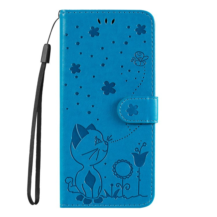 KT Imprinting Flower Series-4 For Oppo Reno12 F 4G Case Leather Wallet Stand Phone Cover Cat Bee Pattern - Blue