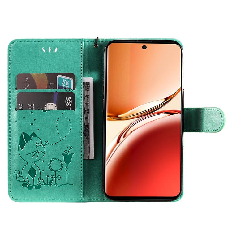 KT Imprinting Flower Series-4 For Oppo Reno12 F 4G Case Leather Wallet Stand Phone Cover Cat Bee Pattern - Green