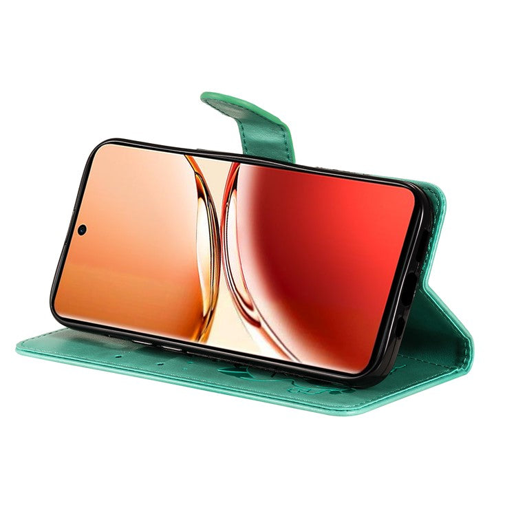 KT Imprinting Flower Series-4 For Oppo Reno12 F 4G Case Leather Wallet Stand Phone Cover Cat Bee Pattern - Green