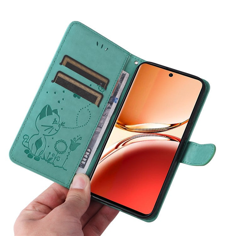 KT Imprinting Flower Series-4 For Oppo Reno12 F 4G Case Leather Wallet Stand Phone Cover Cat Bee Pattern - Green