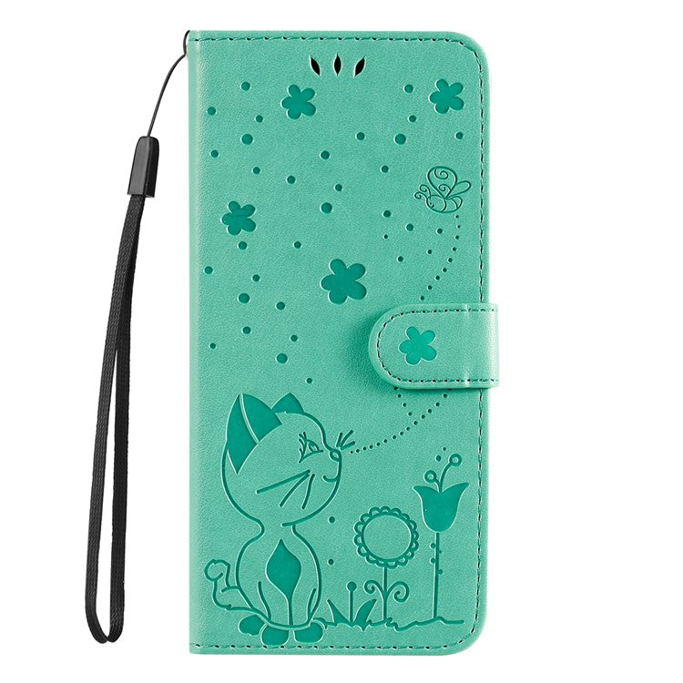 KT Imprinting Flower Series-4 For Oppo Reno12 F 4G Case Leather Wallet Stand Phone Cover Cat Bee Pattern - Green