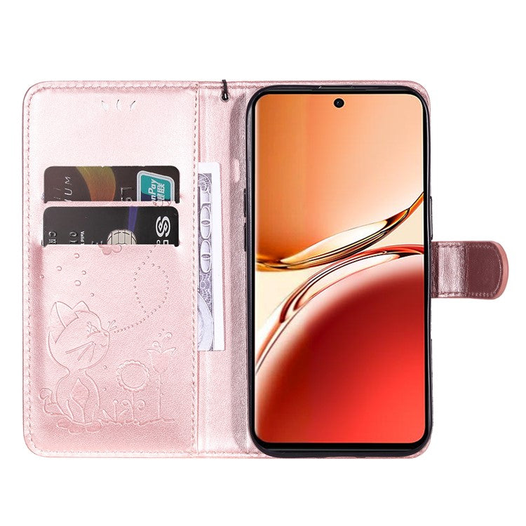 KT Imprinting Flower Series-4 For Oppo Reno12 F 4G Case Leather Wallet Stand Phone Cover Cat Bee Pattern - Rose Gold