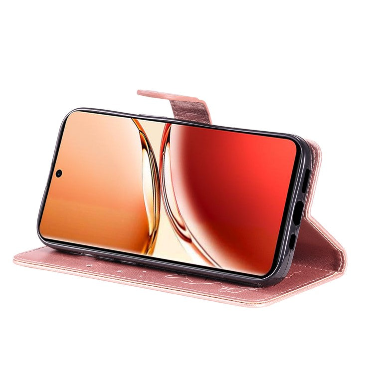 KT Imprinting Flower Series-4 For Oppo Reno12 F 4G Case Leather Wallet Stand Phone Cover Cat Bee Pattern - Rose Gold