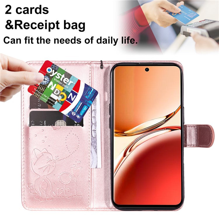 KT Imprinting Flower Series-4 For Oppo Reno12 F 4G Case Leather Wallet Stand Phone Cover Cat Bee Pattern - Rose Gold