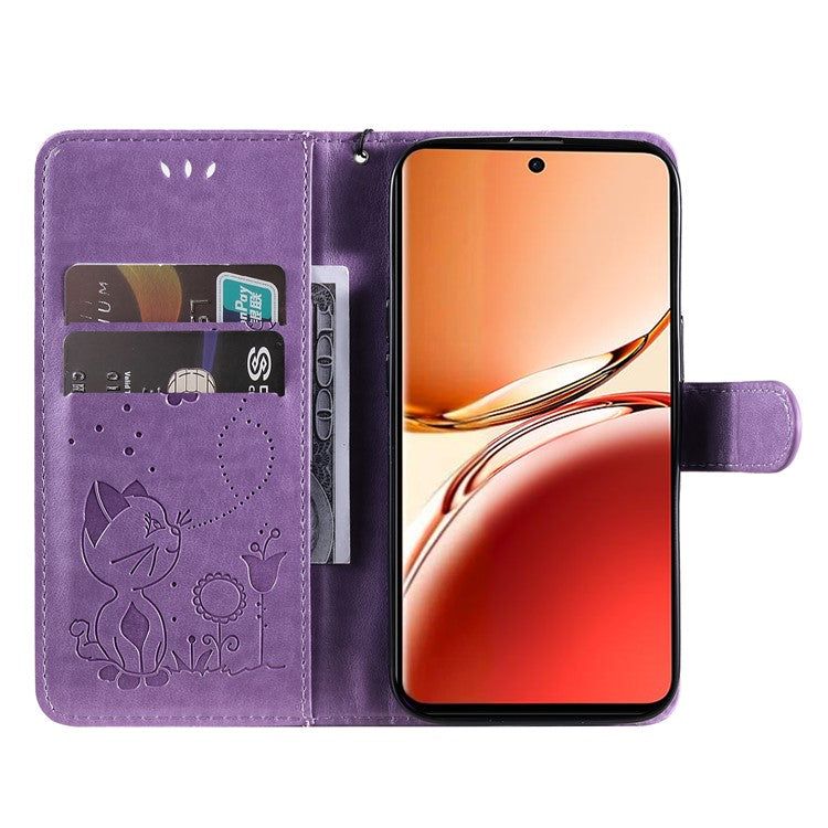 KT Imprinting Flower Series-4 For Oppo Reno12 F 4G Case Leather Wallet Stand Phone Cover Cat Bee Pattern - Light Purple