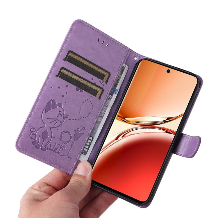 KT Imprinting Flower Series-4 For Oppo Reno12 F 4G Case Leather Wallet Stand Phone Cover Cat Bee Pattern - Light Purple