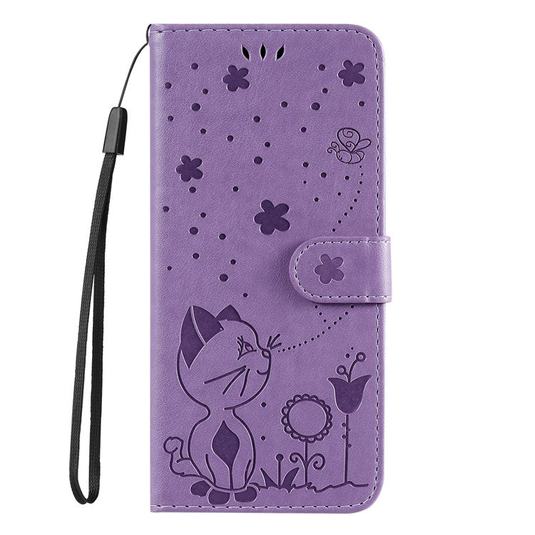 KT Imprinting Flower Series-4 For Oppo Reno12 F 4G Case Leather Wallet Stand Phone Cover Cat Bee Pattern - Light Purple