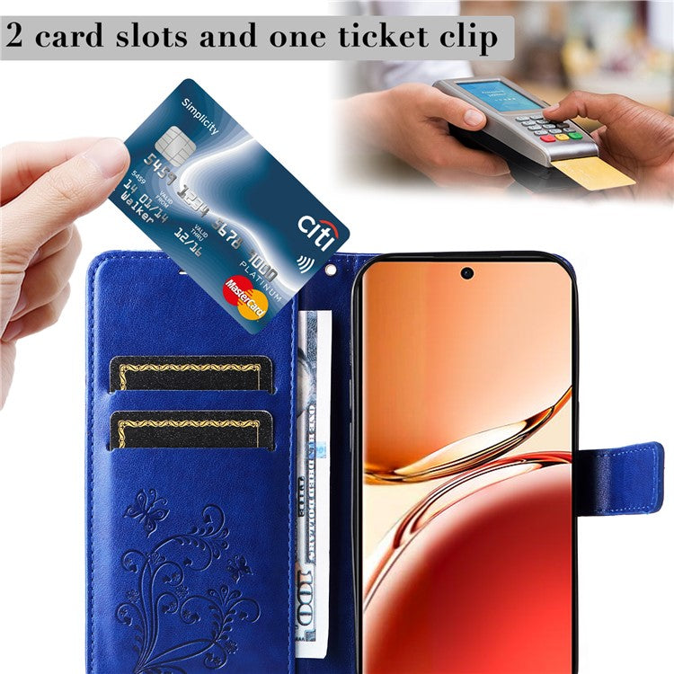 KT Imprinting Flower Series-2 For Oppo Reno12 F 4G Case Wallet Flip Leather Butterfly Phone Cover - Blue