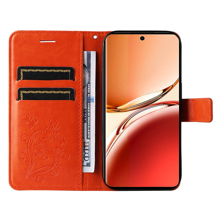 KT Imprinting Flower Series-2 For Oppo Reno12 F 4G Case Wallet Flip Leather Butterfly Phone Cover - Orange