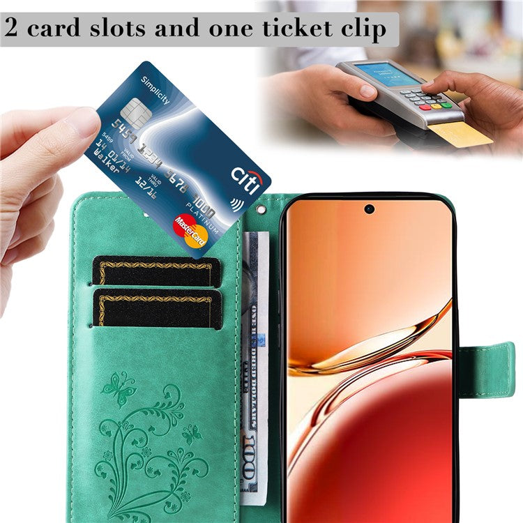 KT Imprinting Flower Series-2 For Oppo Reno12 F 4G Case Wallet Flip Leather Butterfly Phone Cover - Green