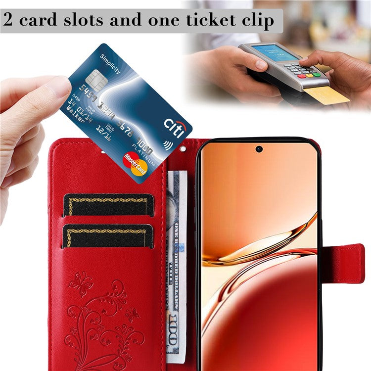 KT Imprinting Flower Series-2 For Oppo Reno12 F 4G Case Wallet Flip Leather Butterfly Phone Cover - Red