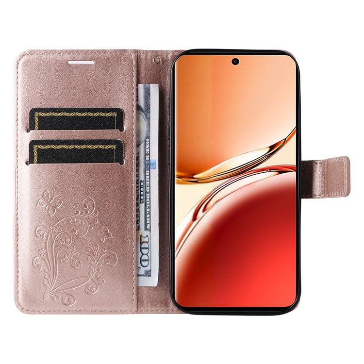 KT Imprinting Flower Series-2 For Oppo Reno12 F 4G Case Wallet Flip Leather Butterfly Phone Cover - Rose Gold
