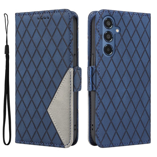 For Samsung Galaxy M35 5G Case Leather Folio Wallet Phone Cover Rhombus Lattice - Blue