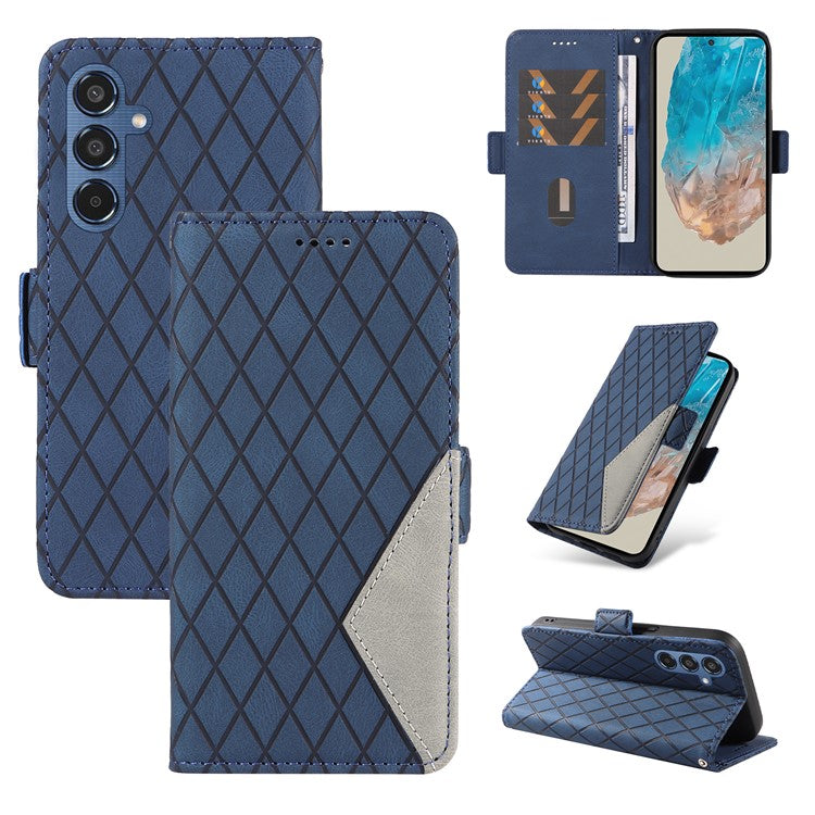 For Samsung Galaxy M35 5G Case Leather Folio Wallet Phone Cover Rhombus Lattice - Blue