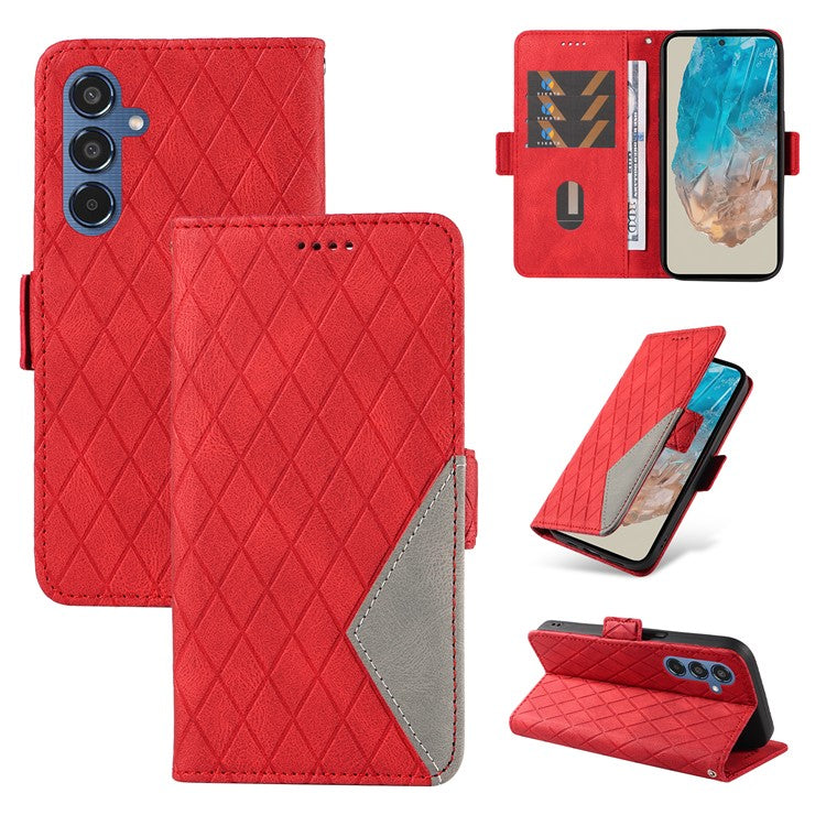 For Samsung Galaxy M35 5G Case Leather Folio Wallet Phone Cover Rhombus Lattice - Red