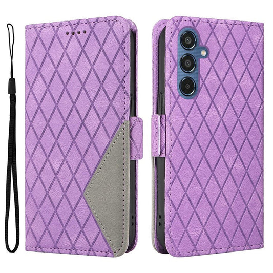 For Samsung Galaxy M35 5G Case Leather Folio Wallet Phone Cover Rhombus Lattice - Light Purple