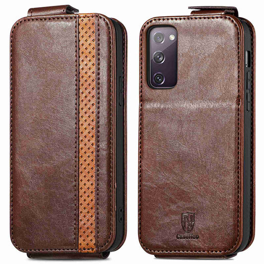 CASENEO 003 Series for Samsung Galaxy S20 FE 4G / FE 5G / S20 Lite / S20 FE 2022 Business Style Splicing Phone Drop-proof Case PU Leather Stand Vertical Flip Cover with Card Slots - Brown