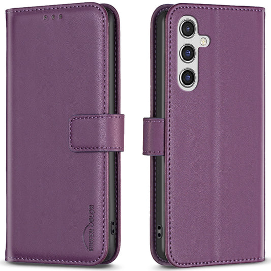 BINFEN COLOR BF17 For Samsung Galaxy A16 5G / A16 4G Leather Case 3 Card Slots Wallet Phone Cover - Dark Purple