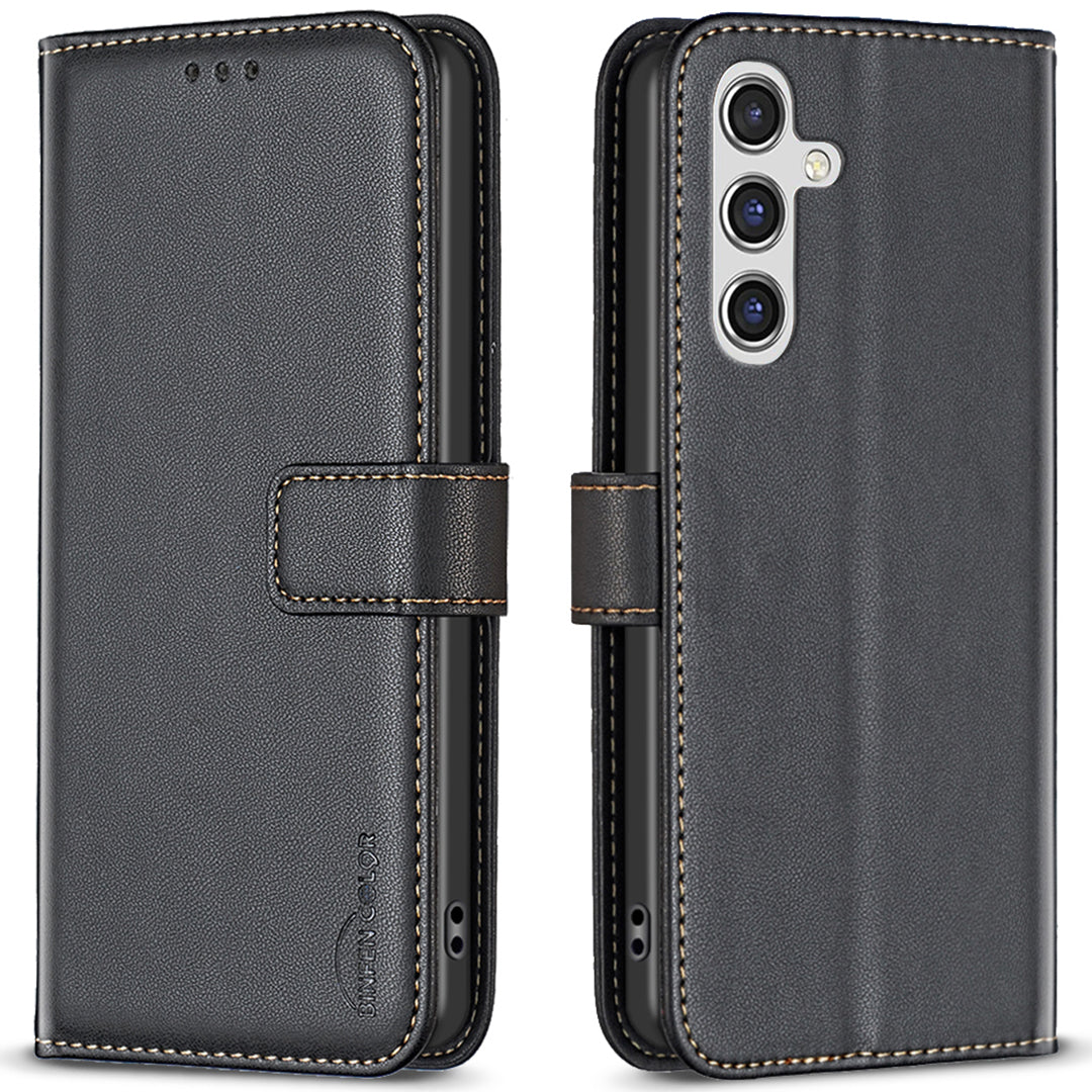 BINFEN COLOR BF17 For Samsung Galaxy A16 5G / A16 4G Leather Case 3 Card Slots Wallet Phone Cover - Black