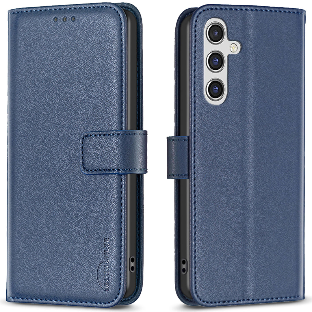 BINFEN COLOR BF17 For Samsung Galaxy A16 5G / A16 4G Leather Case 3 Card Slots Wallet Phone Cover - Blue