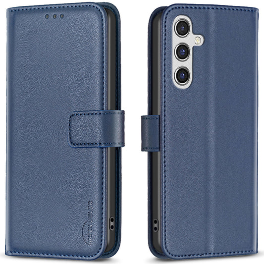 BINFEN COLOR BF17 For Samsung Galaxy A16 5G / A16 4G Leather Case 3 Card Slots Wallet Phone Cover - Blue