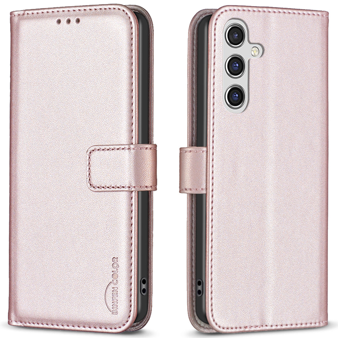 BINFEN COLOR BF17 For Samsung Galaxy A16 5G / A16 4G Leather Case 3 Card Slots Wallet Phone Cover - Rose Gold