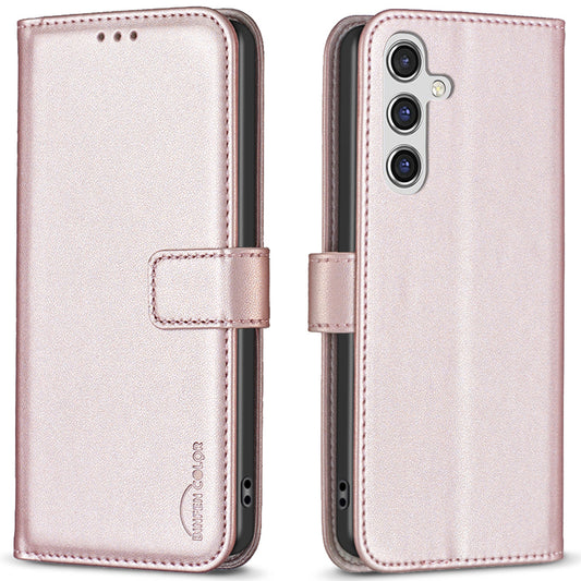 BINFEN COLOR BF17 For Samsung Galaxy A16 5G / A16 4G Leather Case 3 Card Slots Wallet Phone Cover - Rose Gold