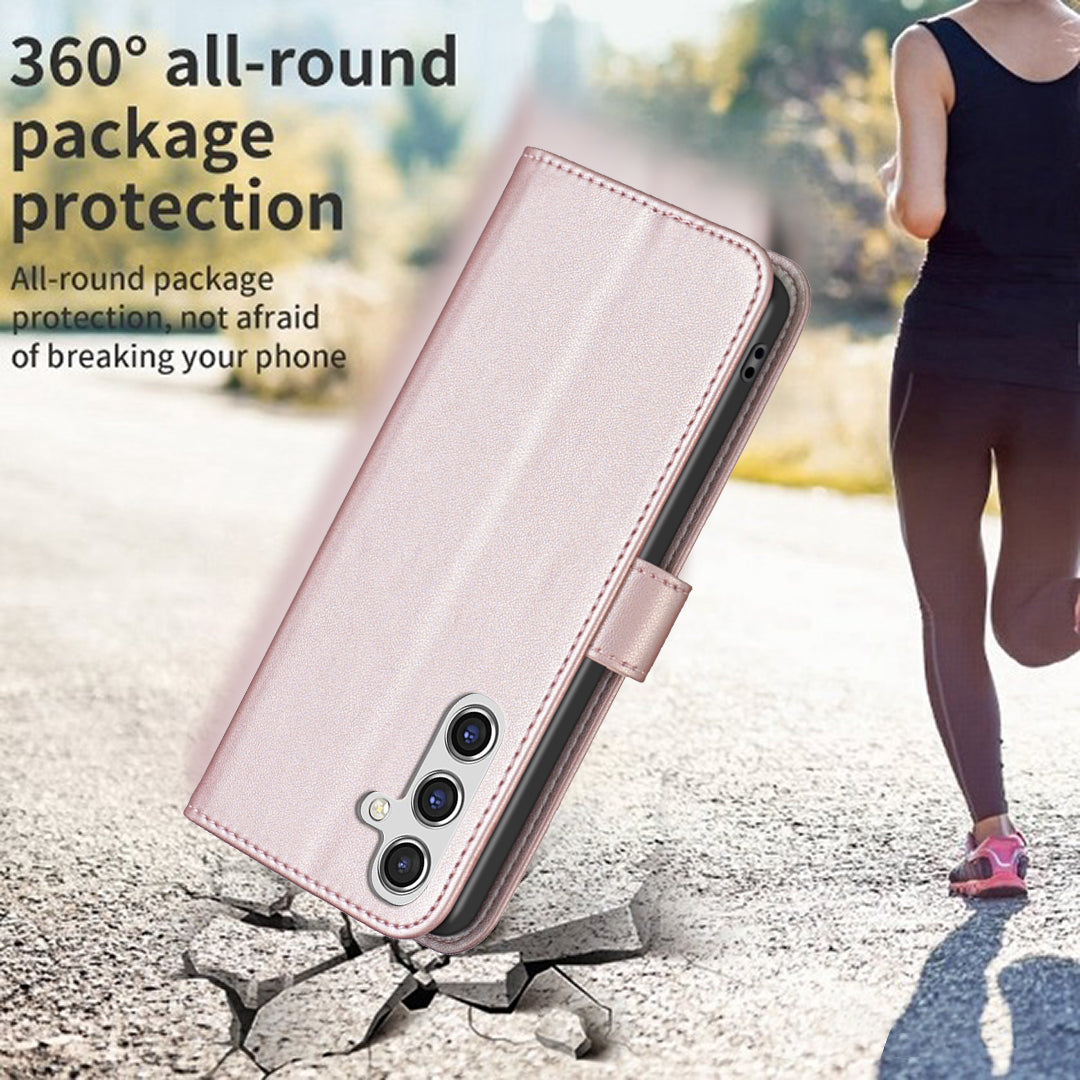 BINFEN COLOR BF17 For Samsung Galaxy A16 5G / A16 4G Leather Case 3 Card Slots Wallet Phone Cover - Rose Gold