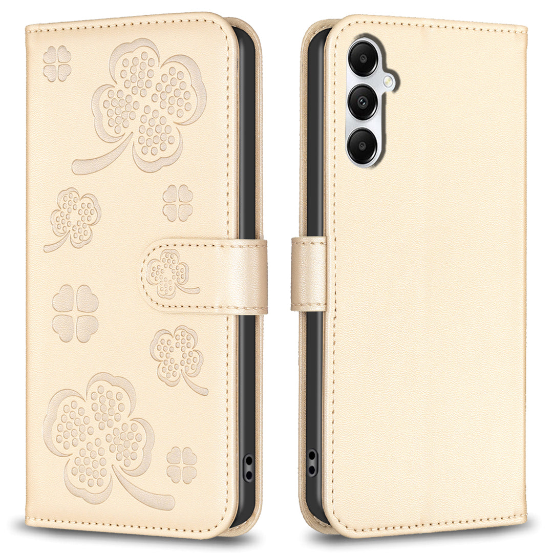 For Samsung Galaxy A16 5G / A16 4G Case Clover Pattern Wallet Stand View Leather Phone Cover - Gold