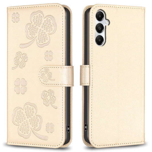 For Samsung Galaxy A16 5G / A16 4G Case Clover Pattern Wallet Stand View Leather Phone Cover - Gold