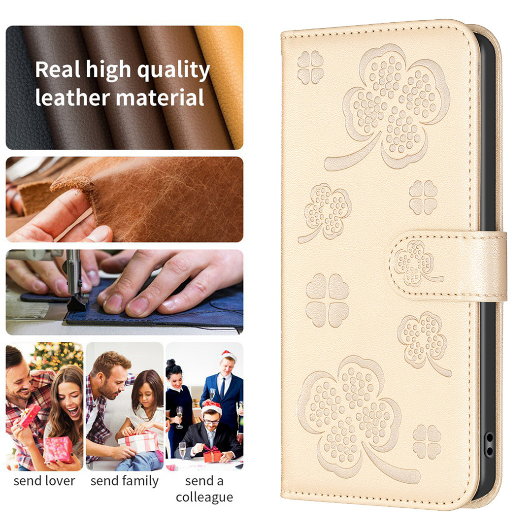 For Samsung Galaxy A16 5G / A16 4G Case Clover Pattern Wallet Stand View Leather Phone Cover - Gold