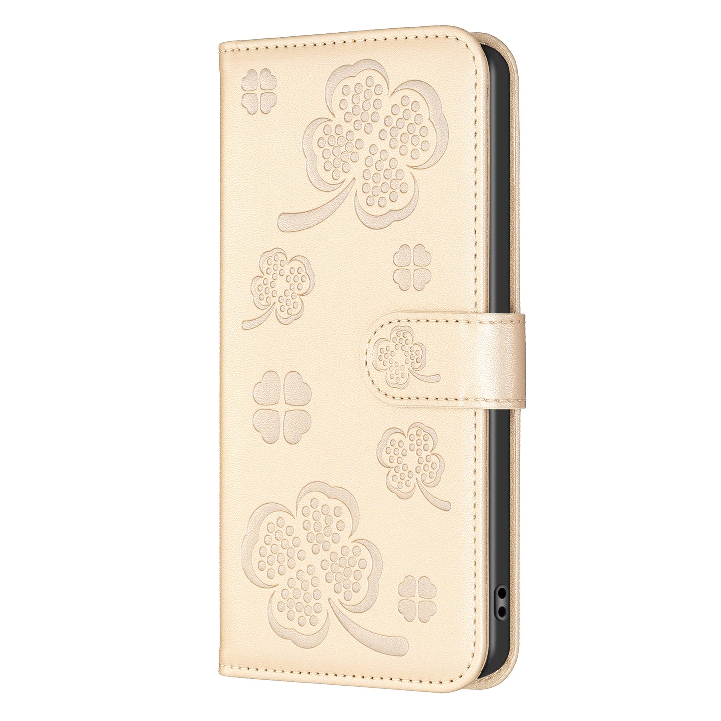 For Samsung Galaxy A16 5G / A16 4G Case Clover Pattern Wallet Stand View Leather Phone Cover - Gold