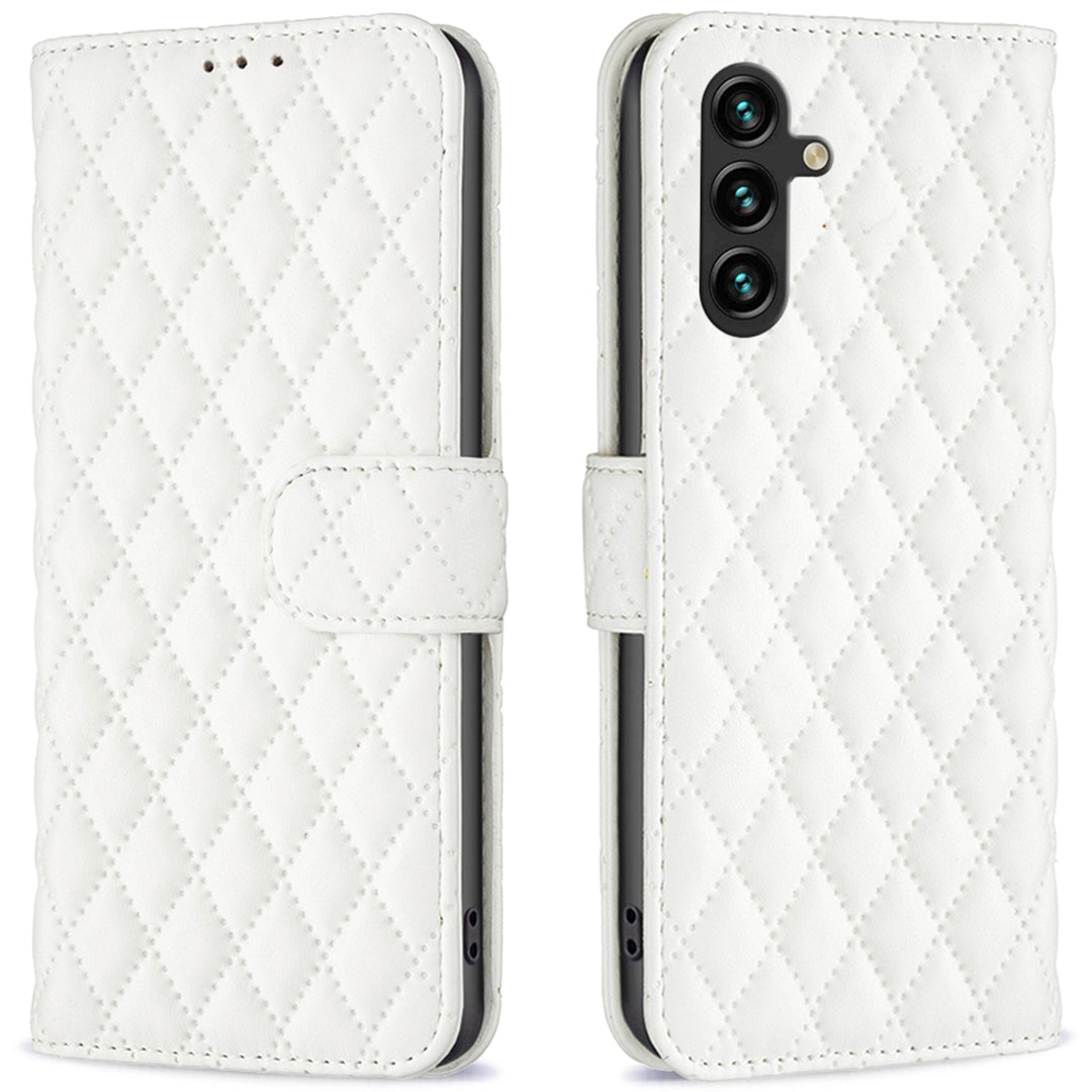 BINFEN COLOR BF Style-14 For Samsung Galaxy A16 5G / A16 4G Case Rhombus Leather Phone Wallet Cover - White