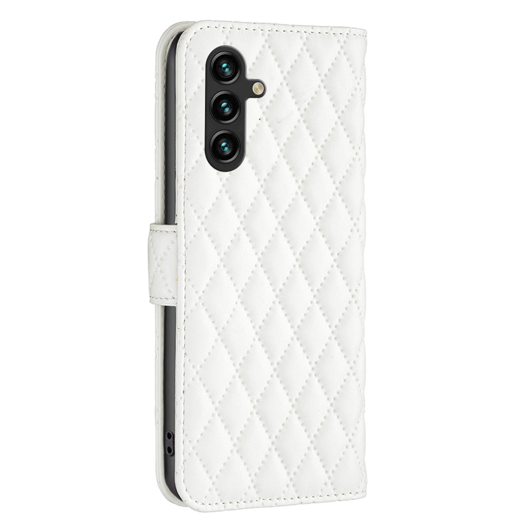BINFEN COLOR BF Style-14 For Samsung Galaxy A16 5G / A16 4G Case Rhombus Leather Phone Wallet Cover - White