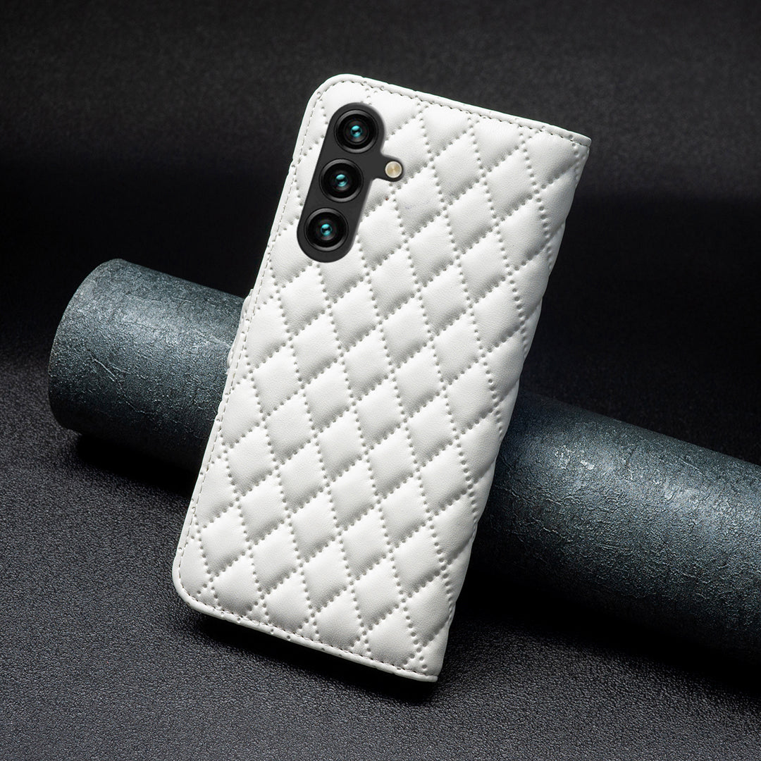 BINFEN COLOR BF Style-14 For Samsung Galaxy A16 5G / A16 4G Case Rhombus Leather Phone Wallet Cover - White