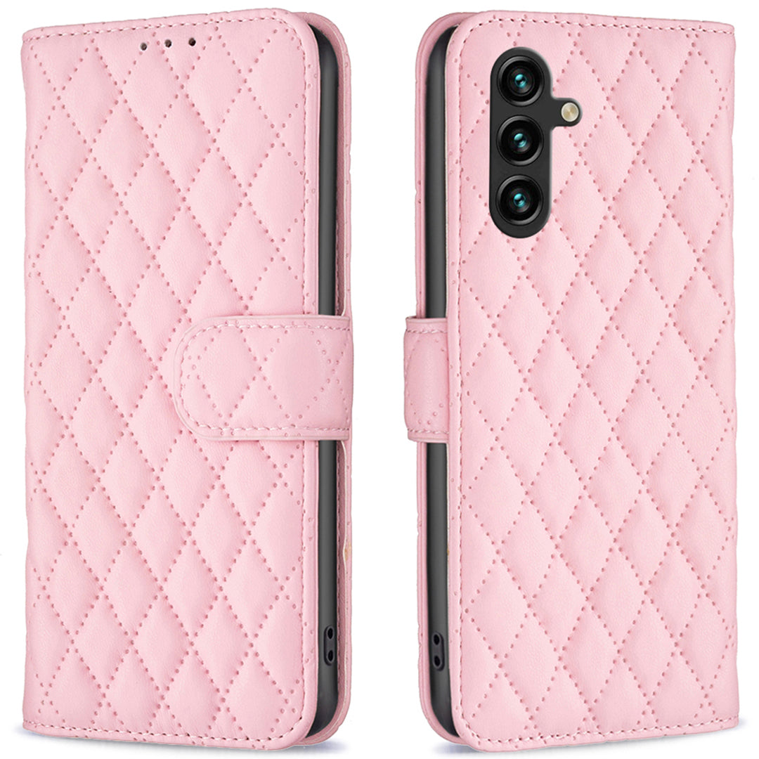 BINFEN COLOR BF Style-14 For Samsung Galaxy A16 5G / A16 4G Case Rhombus Leather Phone Wallet Cover - Pink