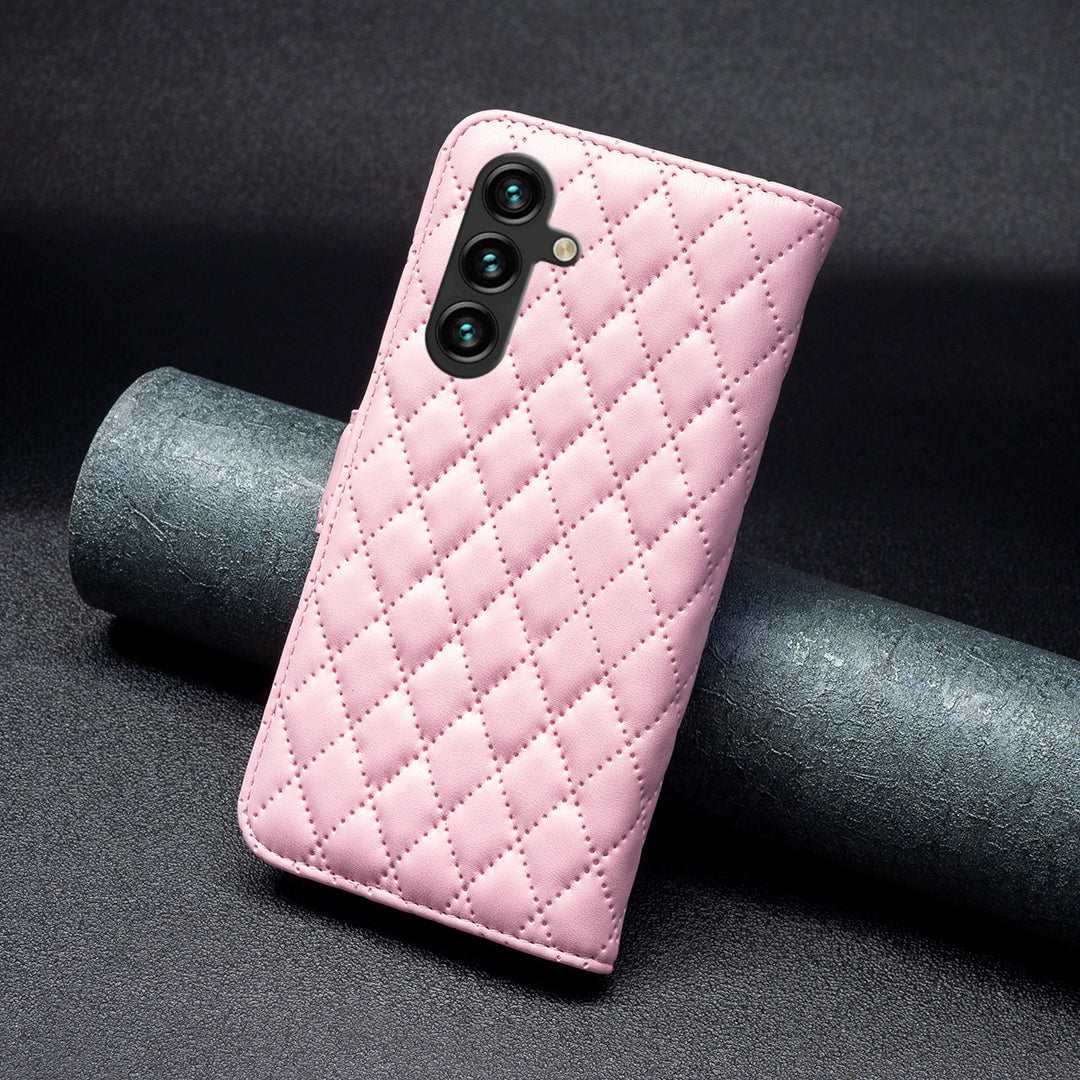 BINFEN COLOR BF Style-14 For Samsung Galaxy A16 5G / A16 4G Case Rhombus Leather Phone Wallet Cover - Pink
