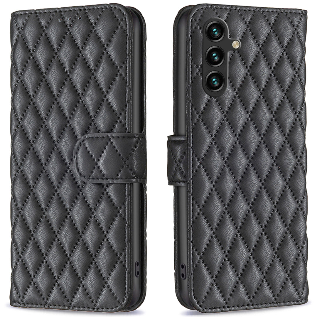 BINFEN COLOR BF Style-14 For Samsung Galaxy A16 5G / A16 4G Case Rhombus Leather Phone Wallet Cover - Black