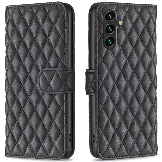BINFEN COLOR BF Style-14 For Samsung Galaxy A16 5G / A16 4G Case Rhombus Leather Phone Wallet Cover - Black