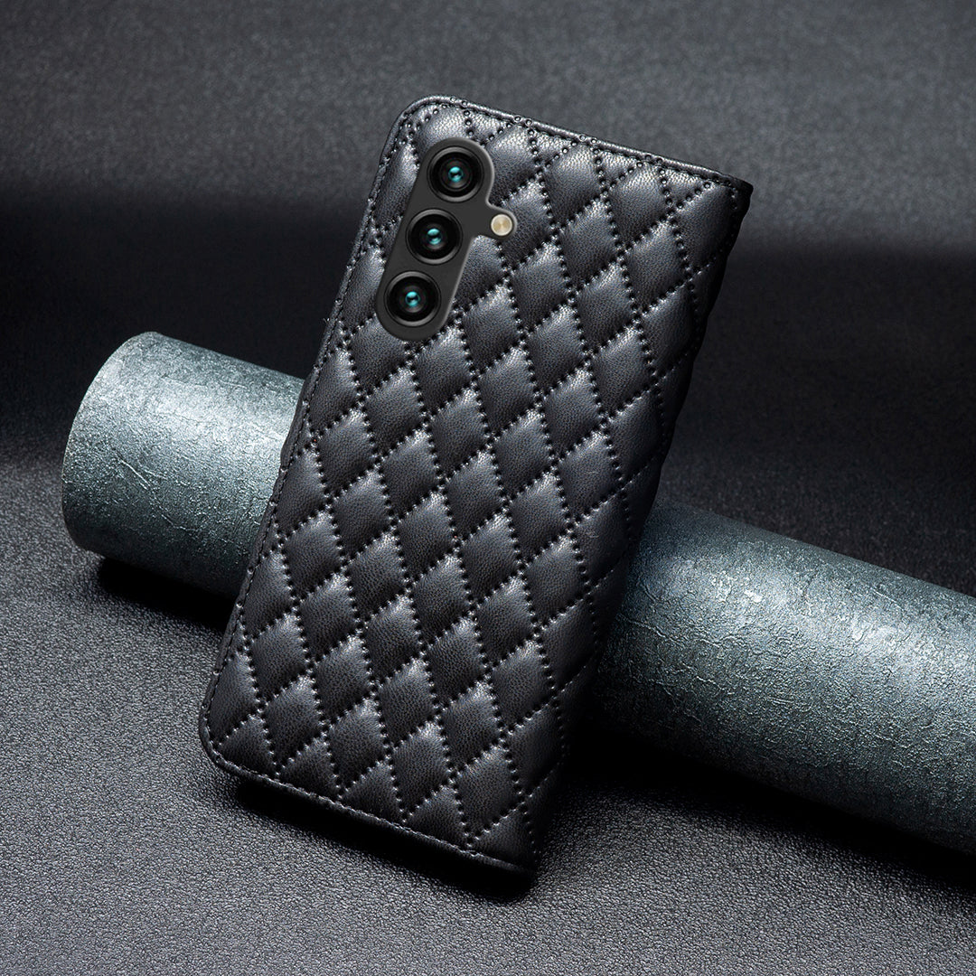 BINFEN COLOR BF Style-14 For Samsung Galaxy A16 5G / A16 4G Case Rhombus Leather Phone Wallet Cover - Black